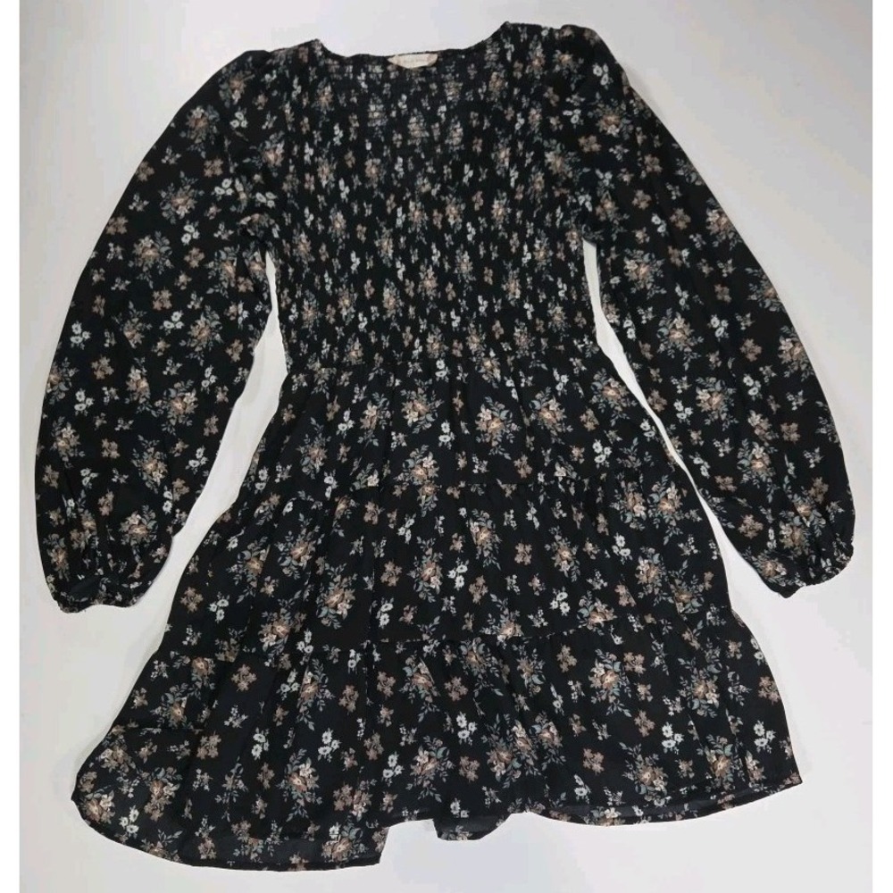 Altar'd State Women's Small Black Floral Long Sleeve Tiered Dress Smocked Bodice